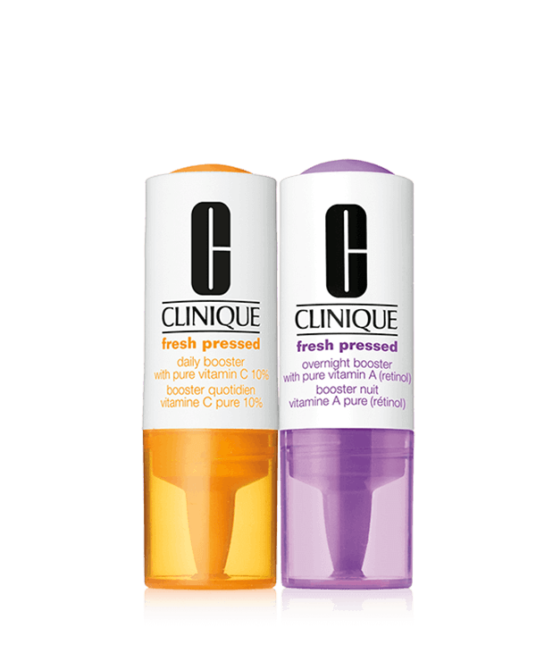 Clinique Fresh Pressed Clinical™ Daily and Overnight Boosters With Pure Vitamins C 10% + A (Retinol), Our freshest, most potent day-and-night de-aging booster system.